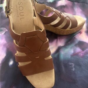 Soul by Naturalizer AKI Brown Wedge Sandals with Crisscross Straps